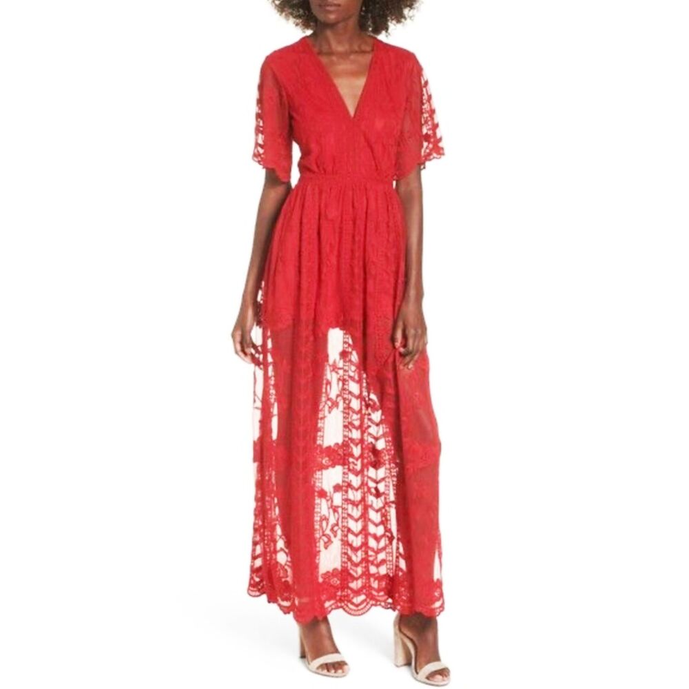 Socialite Red Sheer Lace Maxi Dress Romper Shorts (XL) Garden Wedding Party - Picture 13 of 15